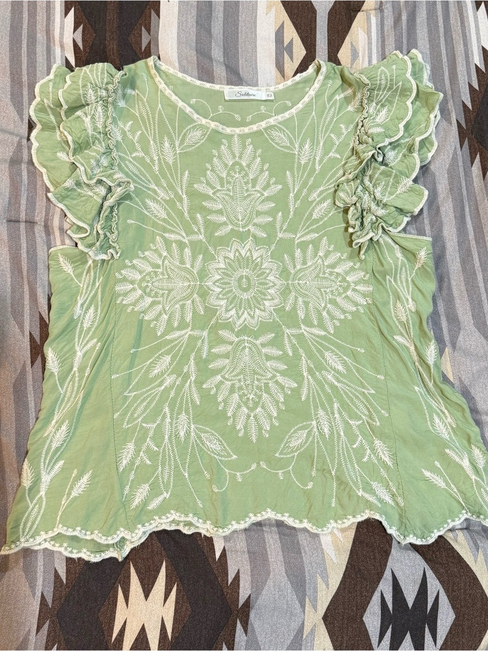 Solitaire Sage Green Embroidered Ruffle Sleeve Blouse